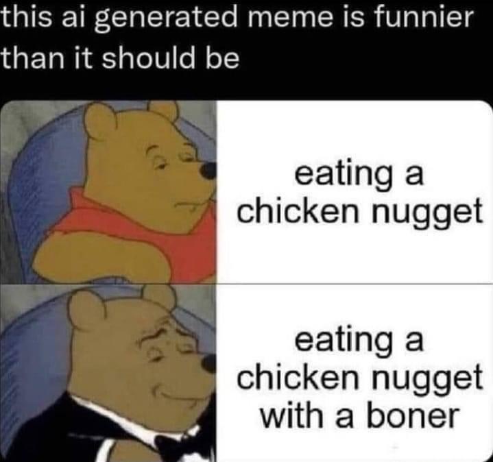 The image is a two-panel meme featuring Winnie the Pooh. In the top panel, Pooh is shown in his usual red shirt, looking…