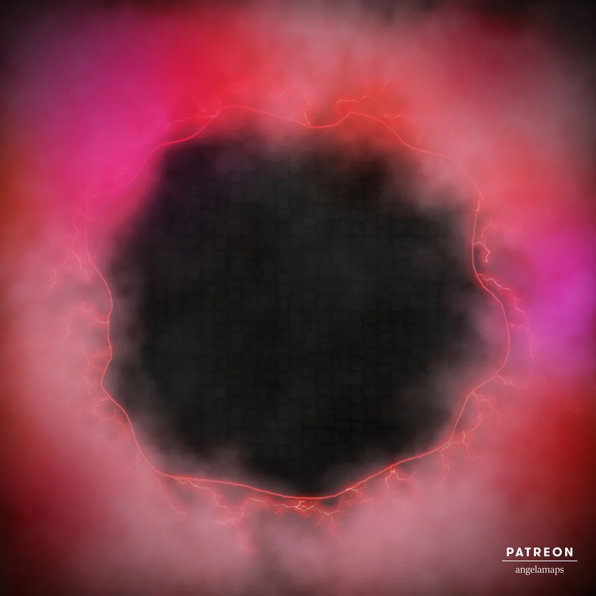 A dark, textured, circular void surrounded by glowing red lightning and pinkish-red smoke, with the text 'PATREON…