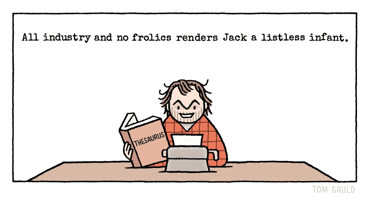 A cartoon man in an orange plaid shirt sits at a desk with a typewriter, smiling while holding a book labeled 'THESAURUS'…