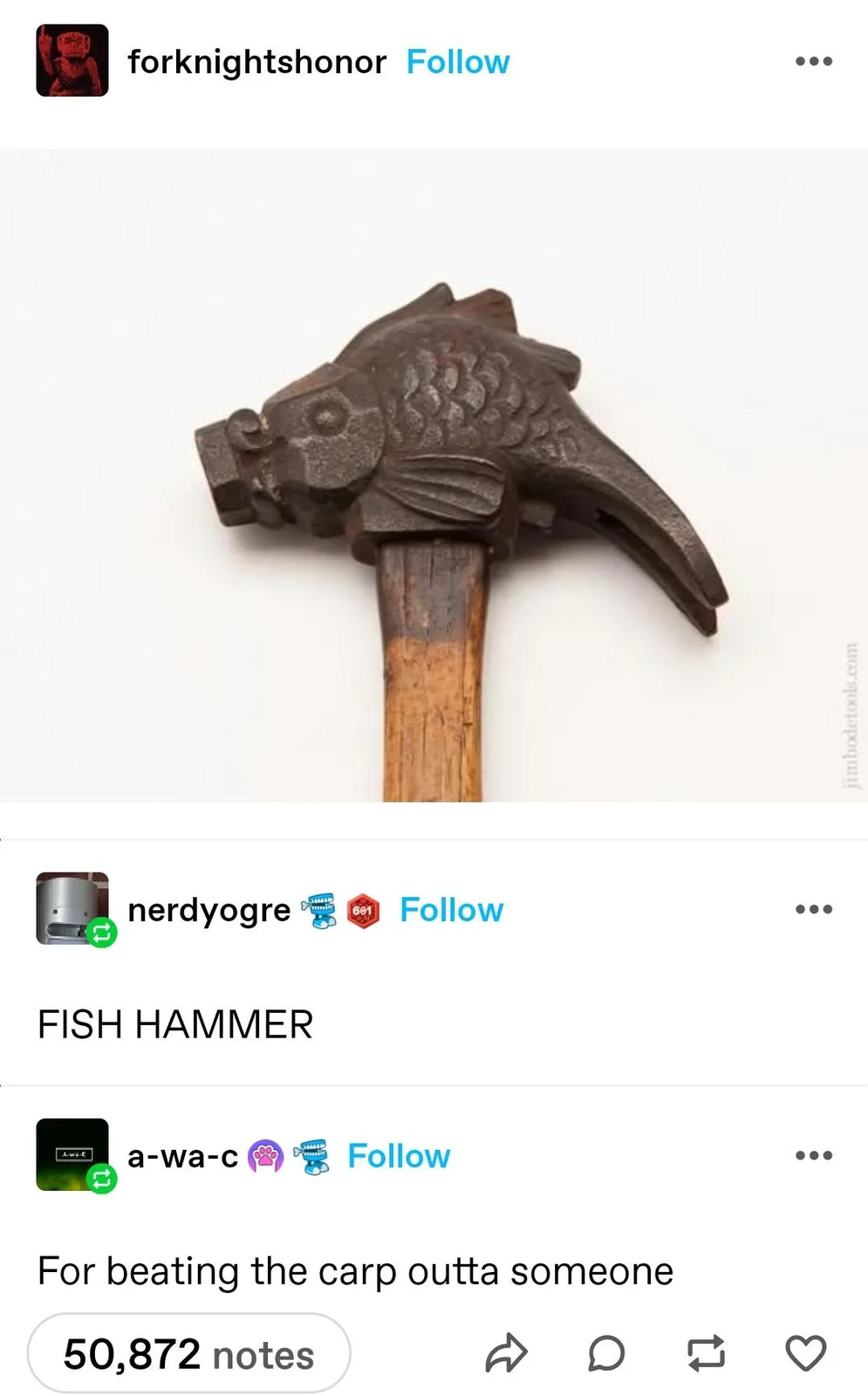 A close-up photo shows a hammer with a head shaped like a fish, complete with scales, fins, and an eye, mounted on a wooden…