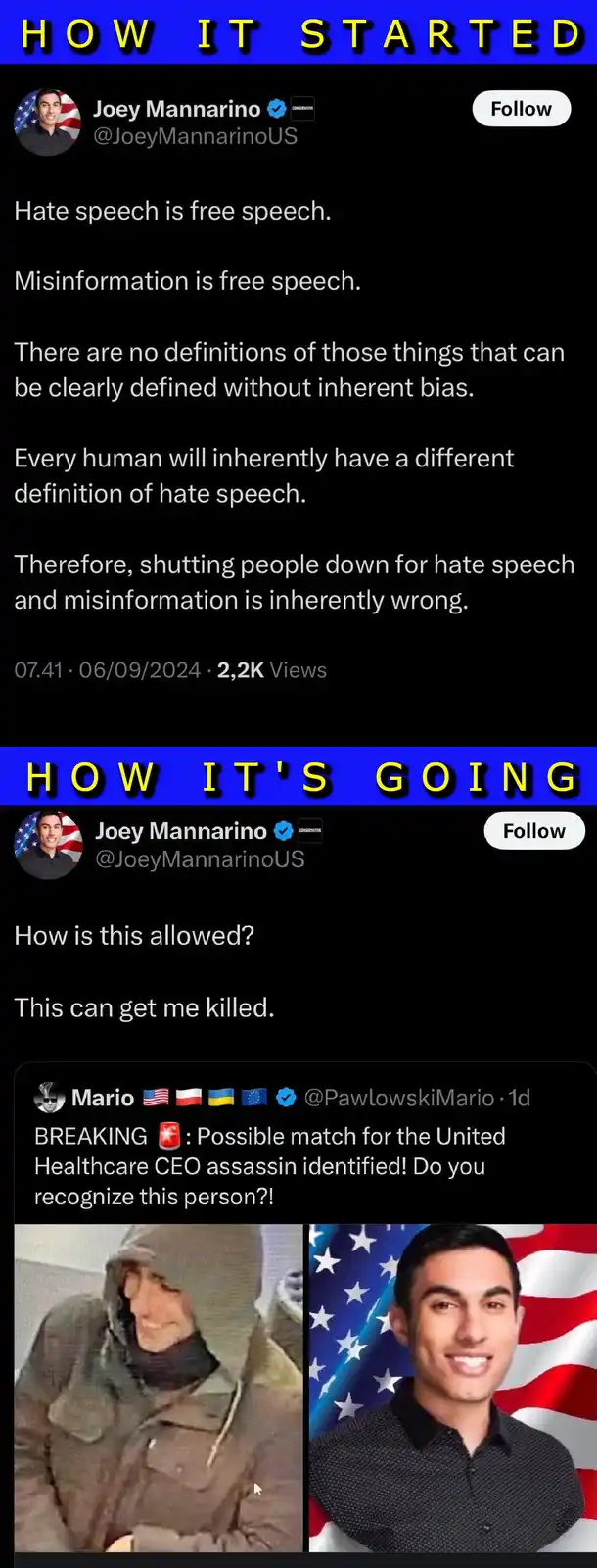 The image displays two Twitter posts from Joey Mannarino. The first, under 'HOW IT STARTED', lists his controversial views…