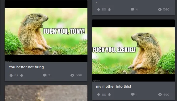 Two side-by-side images show a marmot sitting upright in grass, each with bold white text overlaid: 'FUCK YOU, TONY!' on the…