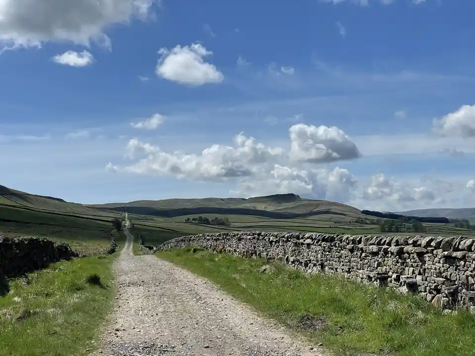 A scenic rural landscape shows a gravel path winding through green hills under a partly cloudy blue sky, flanked by…
