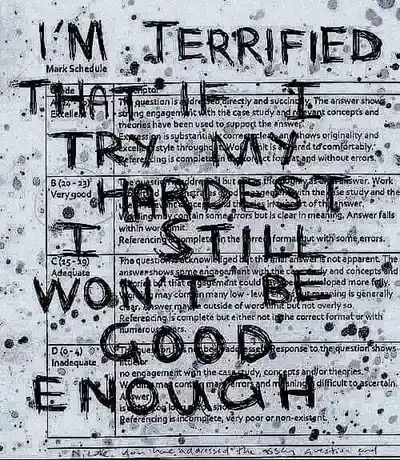 A grainy, spray-painted text overlay on a university mark schedule, with large, bold, hand-drawn words reading 'I'M…