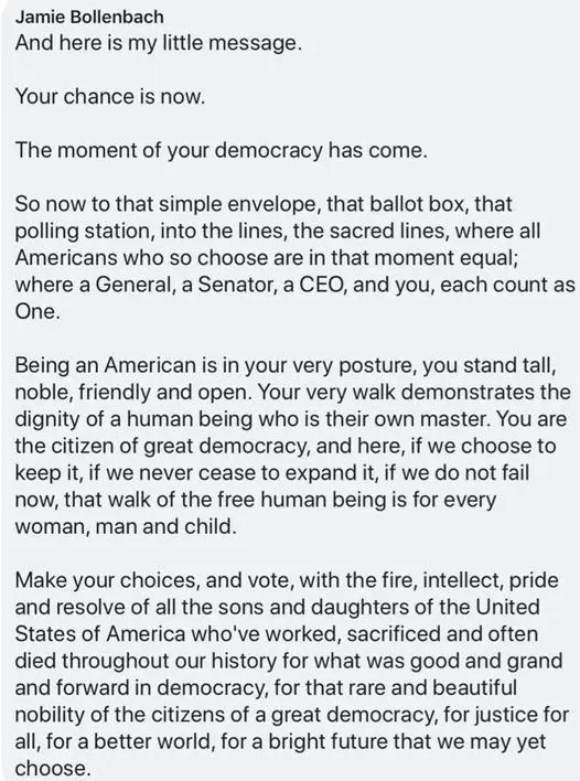 A screenshot of a long, formal, and emotionally charged message attributed to 'Jamie Bollenbach' that urges Americans to…
