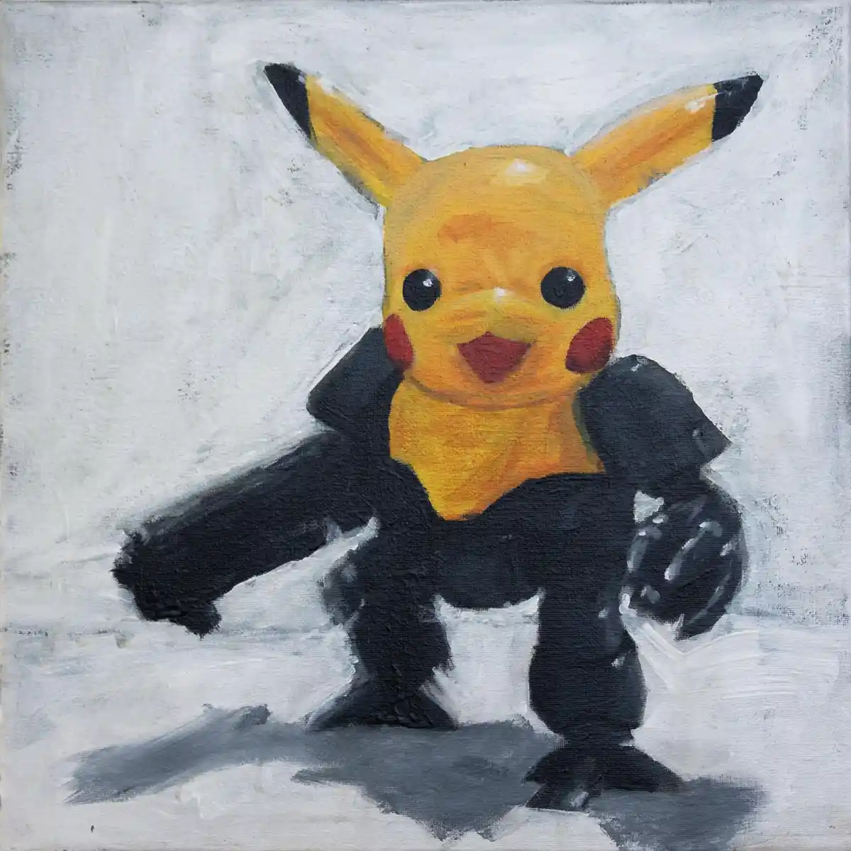 A painted artwork depicts Pikachu, the yellow Pokémon with red cheeks and black-tipped ears, standing upright in a cheerful…