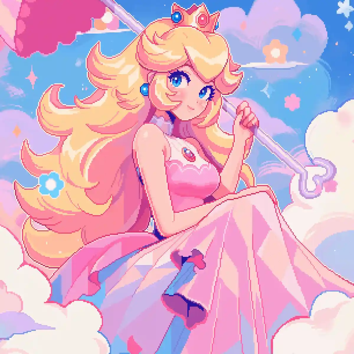 The image displays six identical panels arranged in a 2x3 grid, each showing Princess Peach from the Mario franchise sitting…