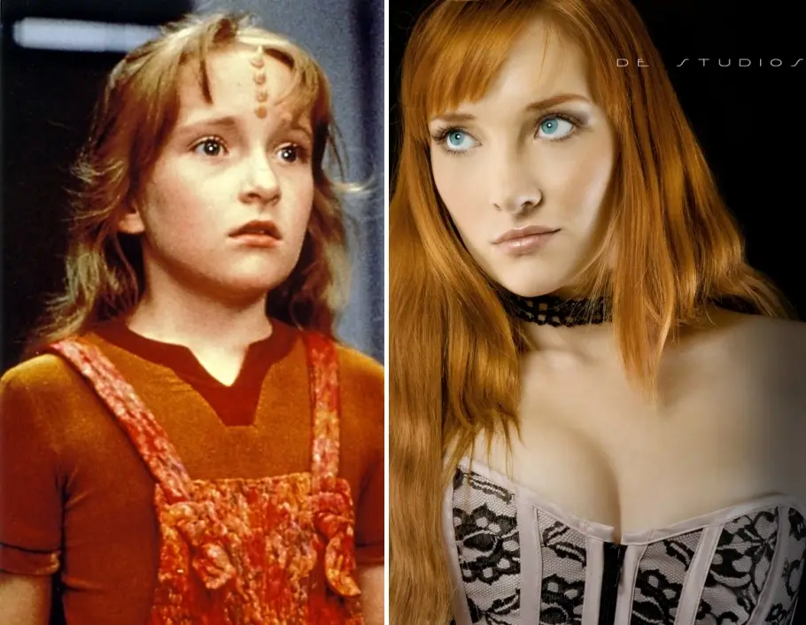 The image is a side-by-side comparison: on the left, a young girl with light brown hair and a concerned expression, wearing…