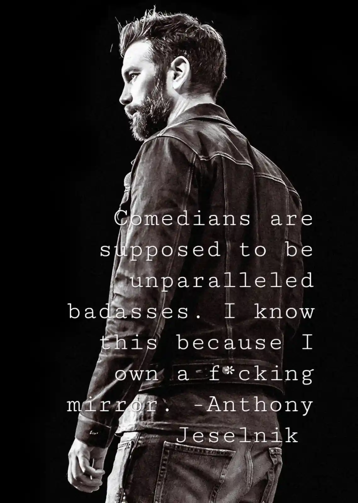 A black-and-white photo shows comedian Anthony Jeselnik in profile, wearing a leather jacket and jeans, looking over his…
