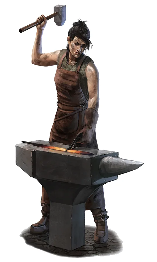 A muscular blacksmith with dark hair and a dirty apron stands before a large anvil, holding a hammer raised above their head…