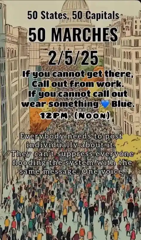 An illustrated image depicts a massive crowd of people marching down a city street, flanked by tall buildings and a domed…