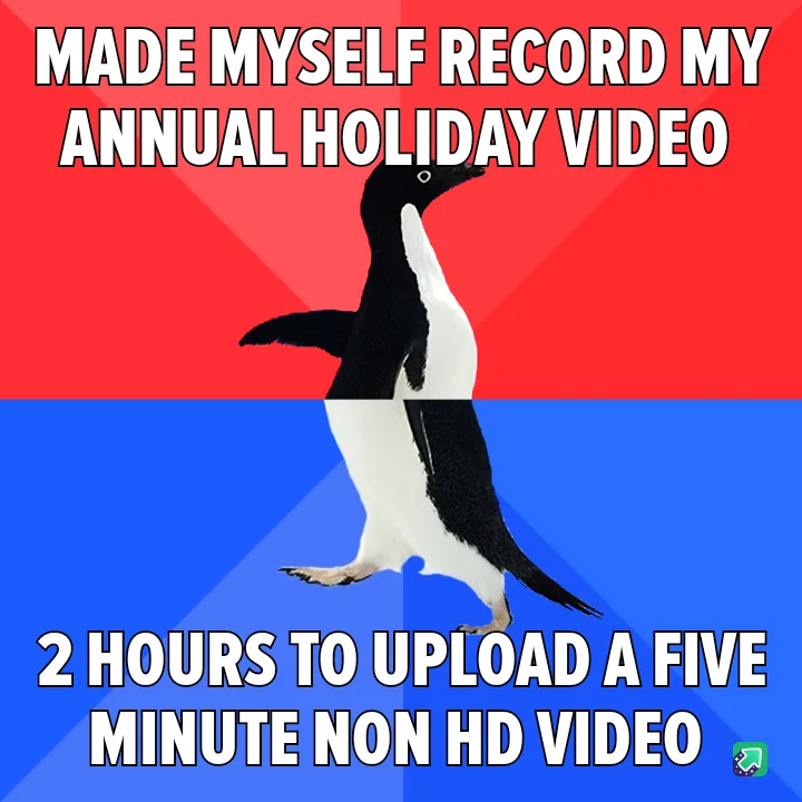 A penguin stands centered against a red and blue background, split horizontally. The top text reads 'MADE MYSELF RECORD MY…