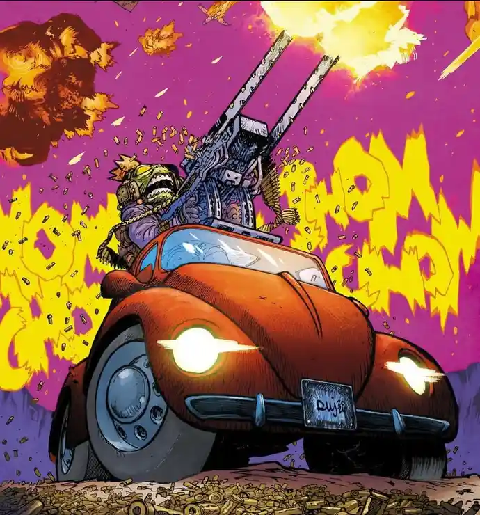 A cartoonish orange Volkswagen Beetle is shown speeding forward with its headlights blazing, covered in bullet casings and…