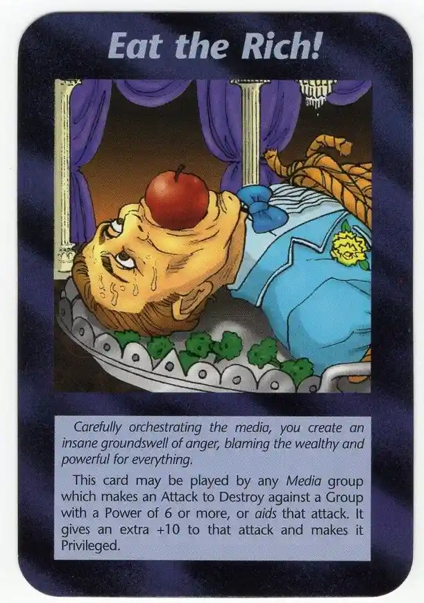 A game card titled 'Eat the Rich!' depicts a cartoon man in a blue suit lying on his back on a silver platter, with a red…