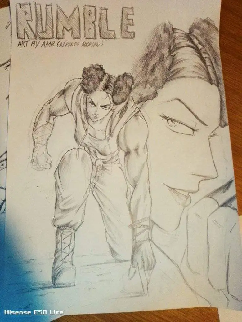 A pencil sketch of two muscular anime-style fighters, one in a fighting stance and another with a smug expression, under the…