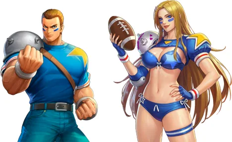 Two video game characters, a muscular man in a blue football uniform and a blonde woman in a revealing blue and yellow…