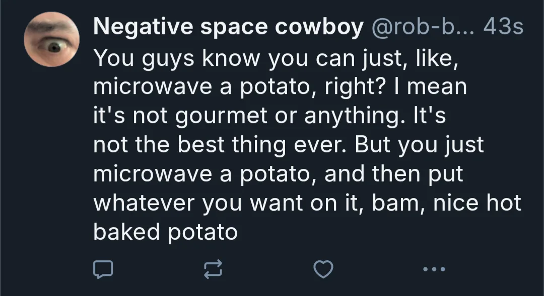 A screenshot of a tweet from 'Negative space cowboy' showing a close-up of a human eye in the profile picture. The tweet…