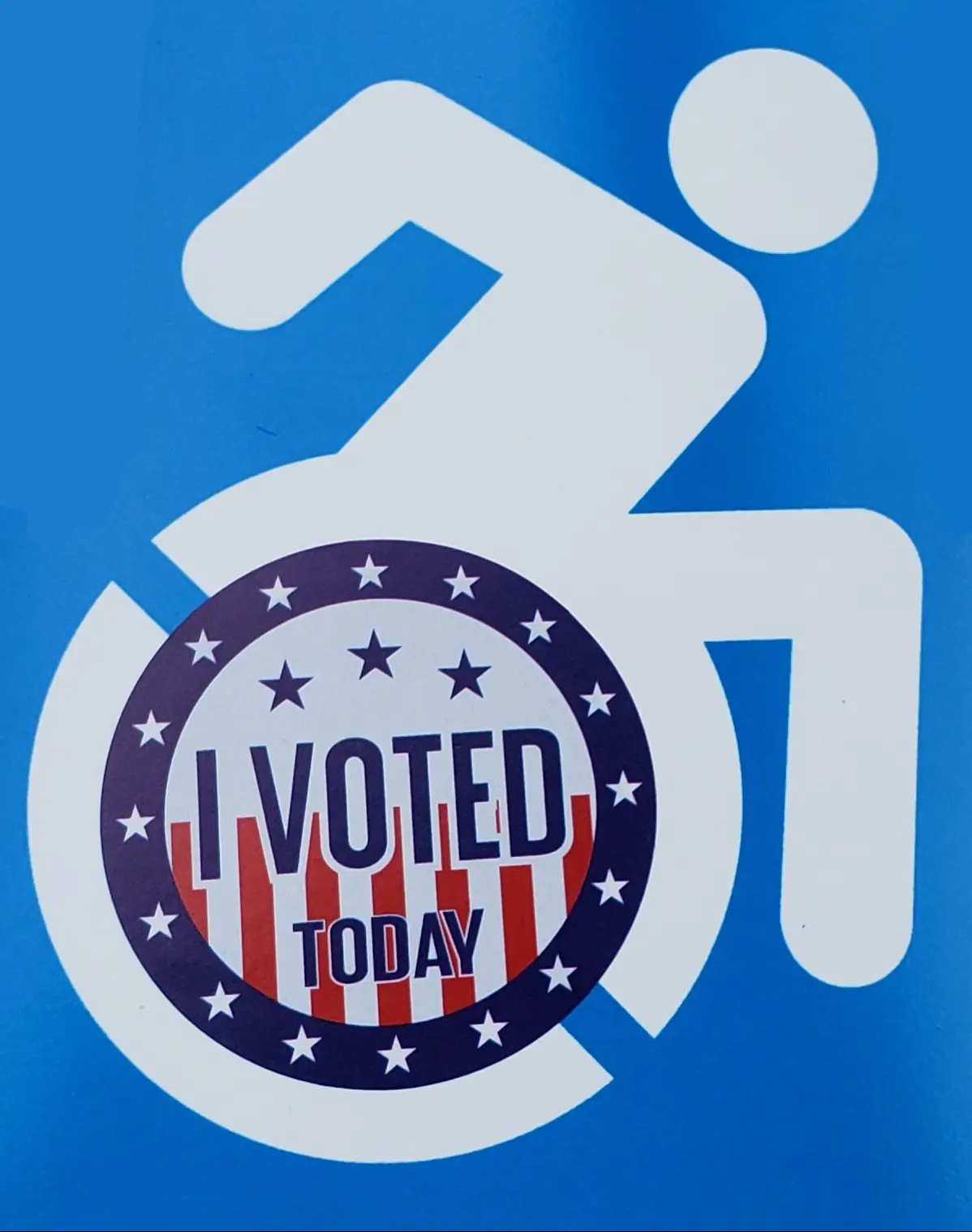 A blue background features a white wheelchair accessibility symbol, with the circular 'I VOTED TODAY' sticker centered over…