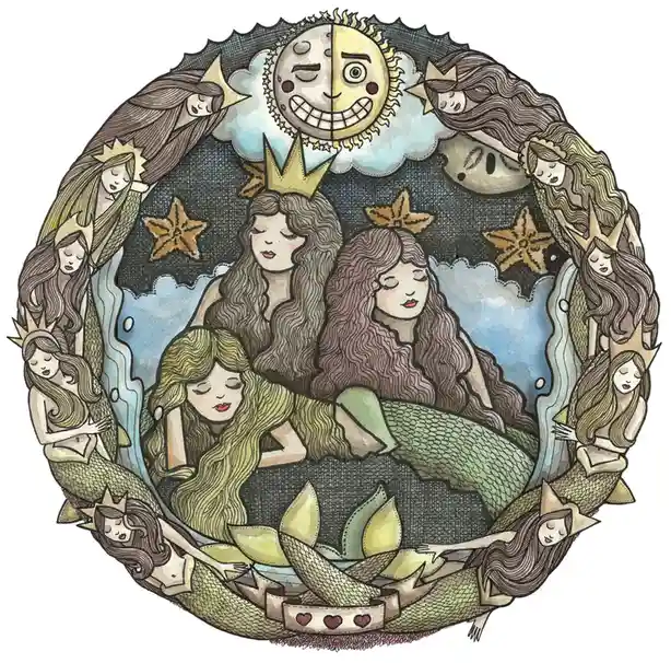 A circular illustration features multiple mermaids with long hair and fish tails arranged in a wreath around a central…