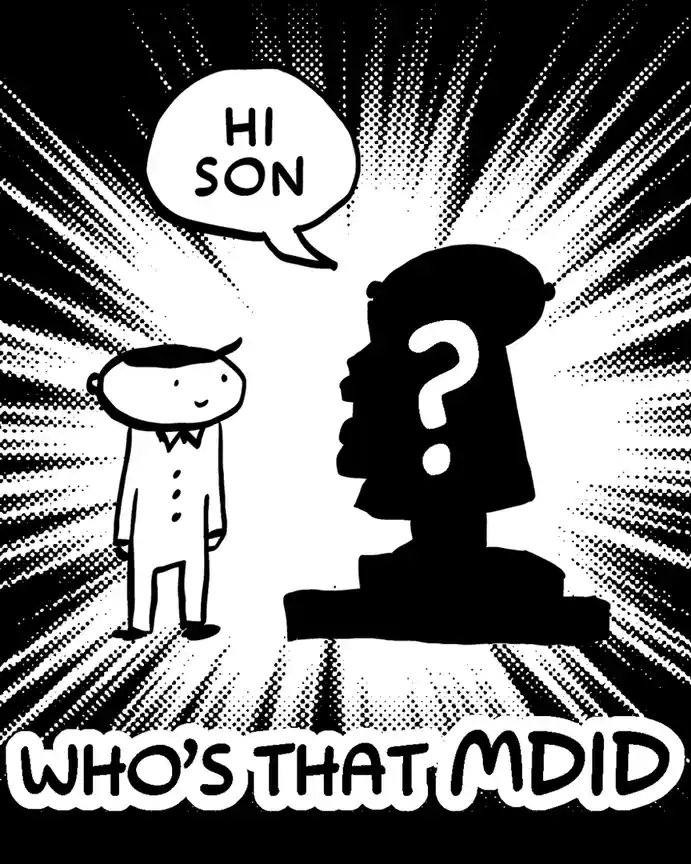 A black-and-white comic panel shows a small man in a suit saying 'HI SON' to a giant silhouette of a person with a question…