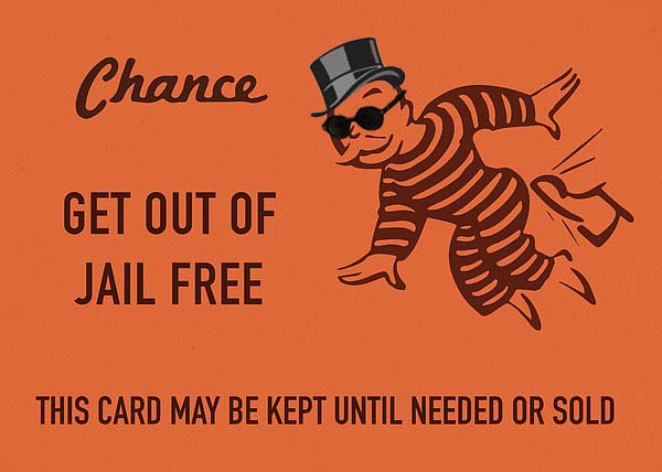 An orange background features a cartoon man in a striped prison jumpsuit, top hat, and sunglasses, leaping joyfully. Text…