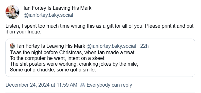 A screenshot of a social media post by 'Ian Fortey Is Leaving His Mark' showing a reply to their own post. The reply reads…