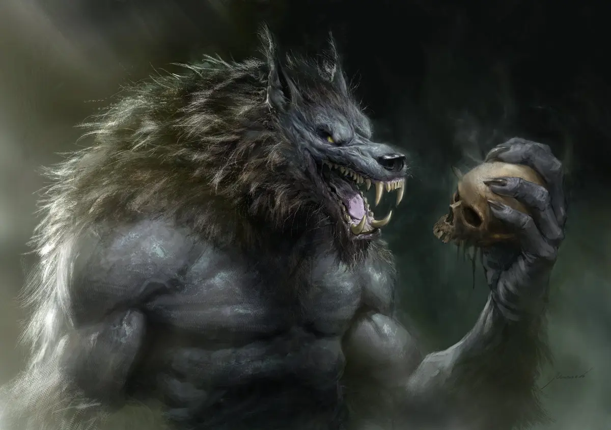 A muscular, snarling werewolf with dark fur and sharp fangs holds a human skull in its clawed hand. The creature's intense…