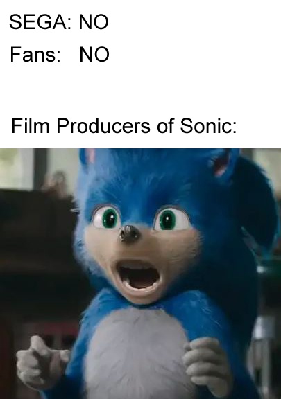 A still image of the blue anthropomorphic hedgehog Sonic from the 2020 film, showing him with wide eyes and an open mouth in…