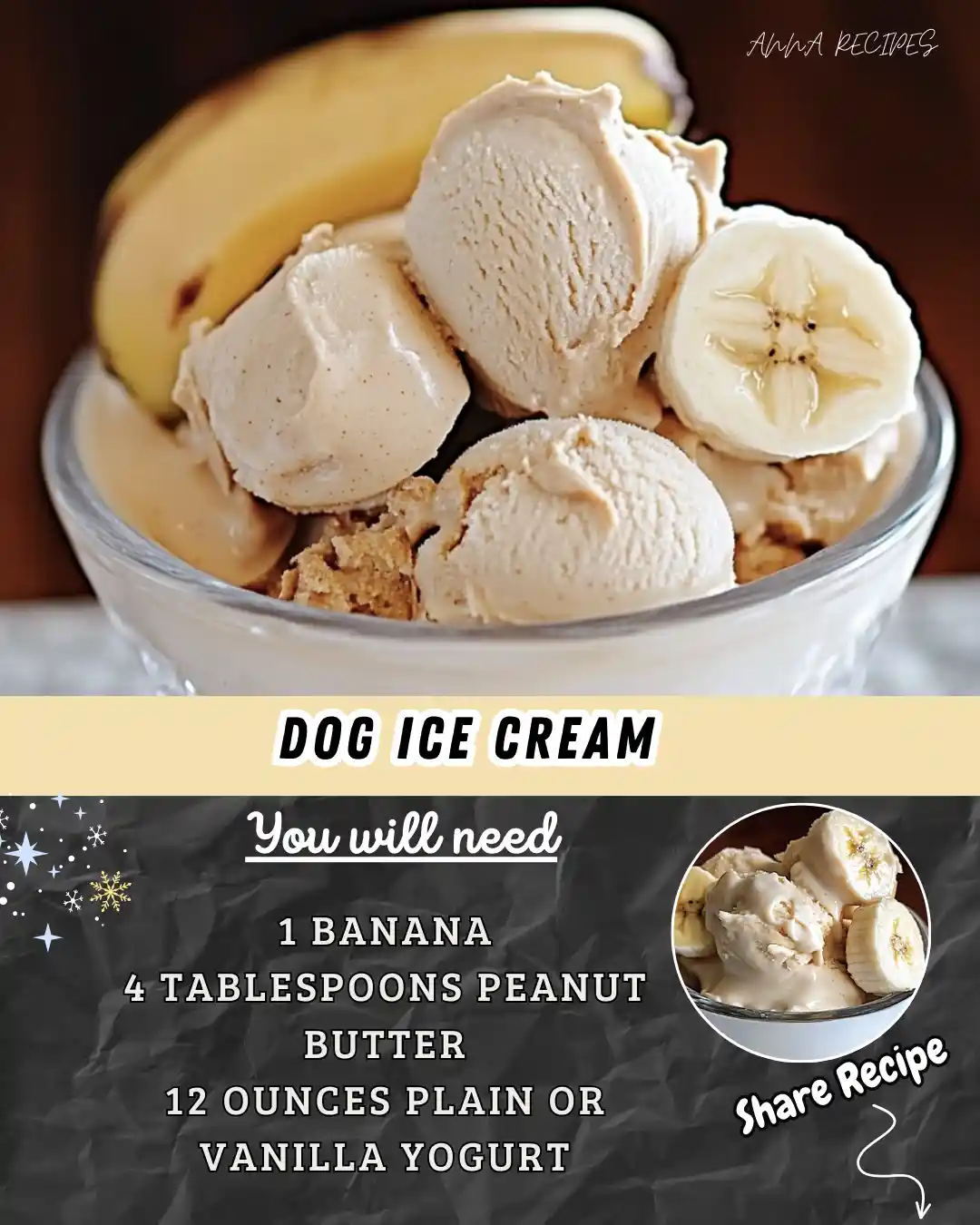 A bowl of vanilla ice cream topped with sliced bananas and a whole banana in the background, overlaid with text that…