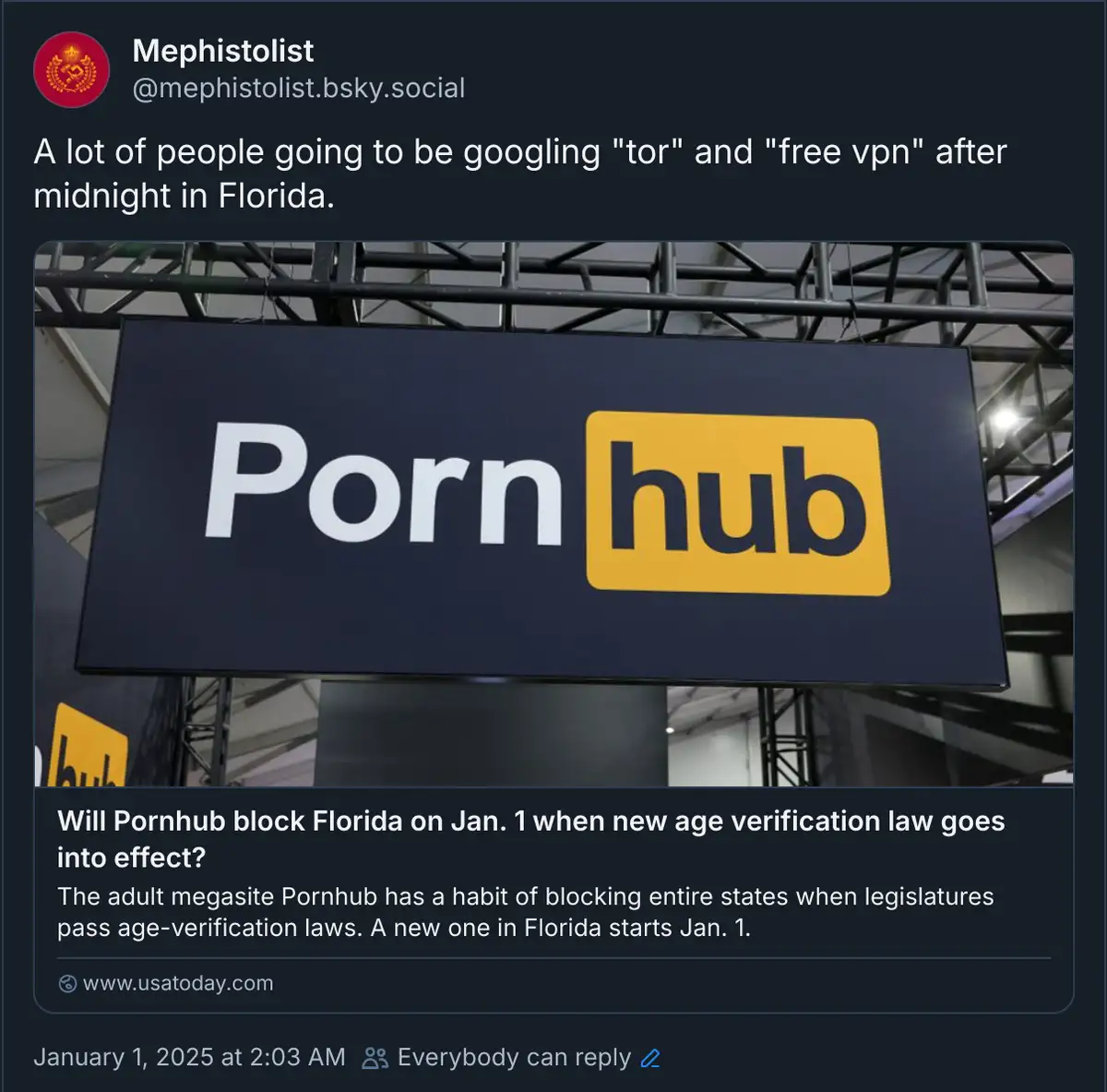 The image shows a large sign for the website Pornhub, with the text overlaid by a tweet predicting that after midnight in…