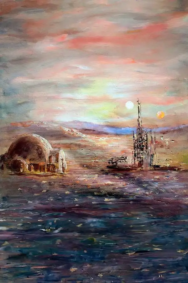 this is a painting of a star wars scene with a dome-shaped building and a tall spire on a planet with two suns, overlaid…