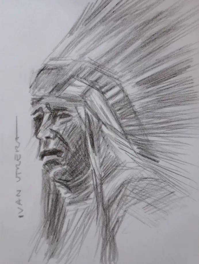 A pencil sketch of a Native American man in profile wearing a feathered headdress, with the text 'i'm not a racist, i'm just…