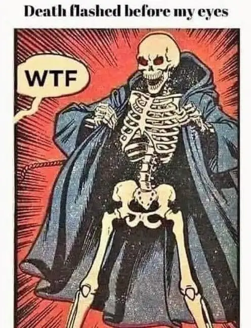 A comic book-style illustration shows a skeletal figure in a dark blue robe, standing with a surprised expression. The…