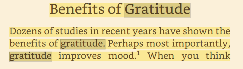 A screenshot of a text excerpt titled 'Benefits of Gratitude' with the words 'gratitude' and 'improves mood' highlighted in…