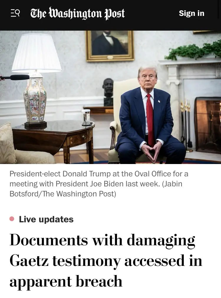 A screenshot of a Washington Post article shows President-elect Donald Trump seated in the Oval Office, looking serious. The…