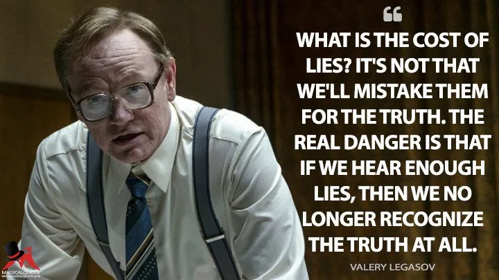 A man with glasses, suspenders, and a tie looks concerned while overlaid text quotes Valery Legasov: 'What is the cost of…