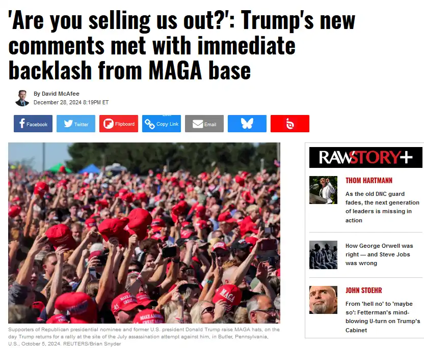 A large crowd of people, mostly wearing red MAGA hats, are shown raising their hands and hats in the air at a rally. The…