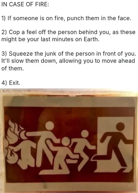 The image displays a standard fire exit sign with silhouettes of people running from flames toward an exit door. Overlaid…