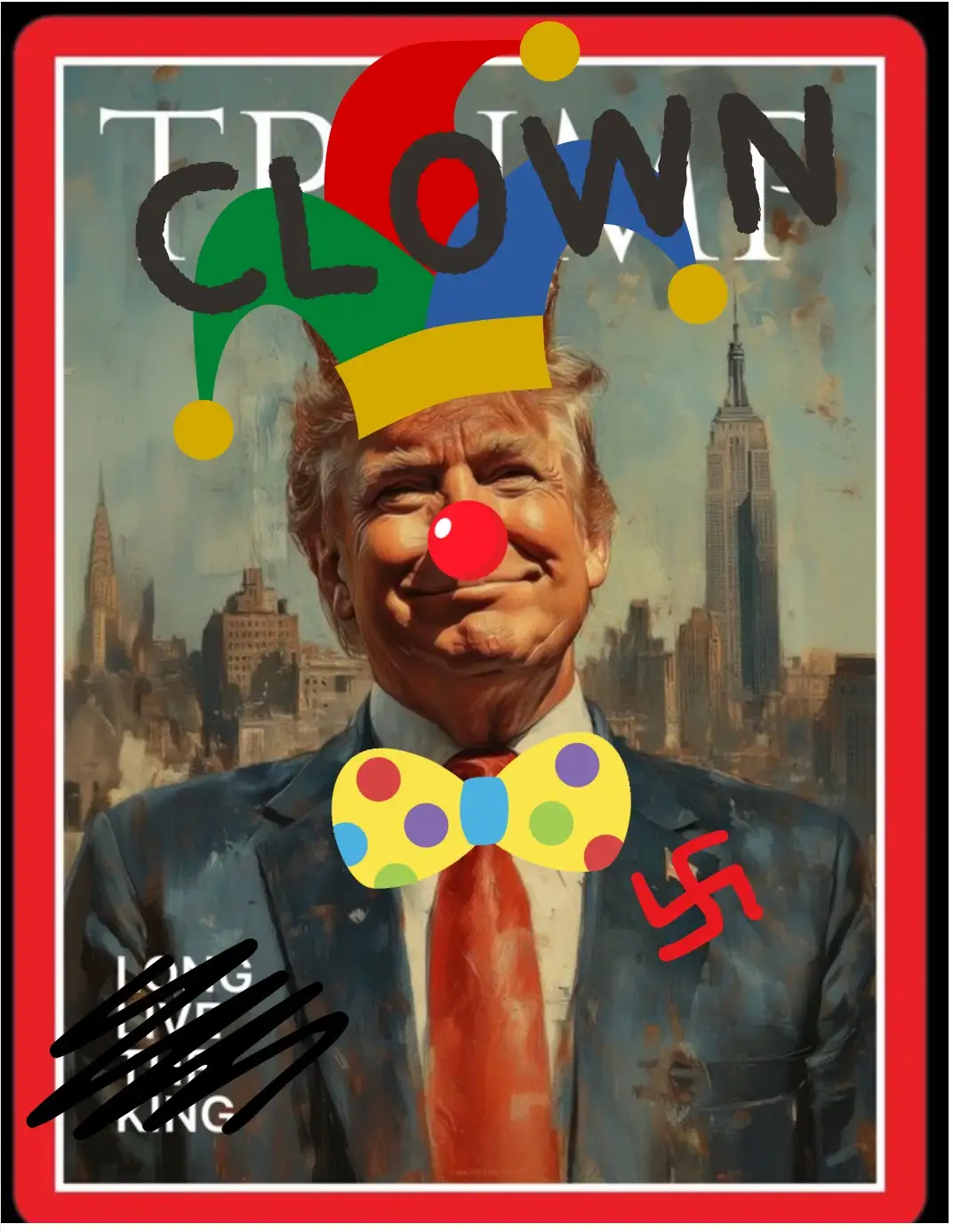 A digitally altered image of Donald Trump, styled as a clown with a colorful jester hat, red nose, and polka-dot bow tie…