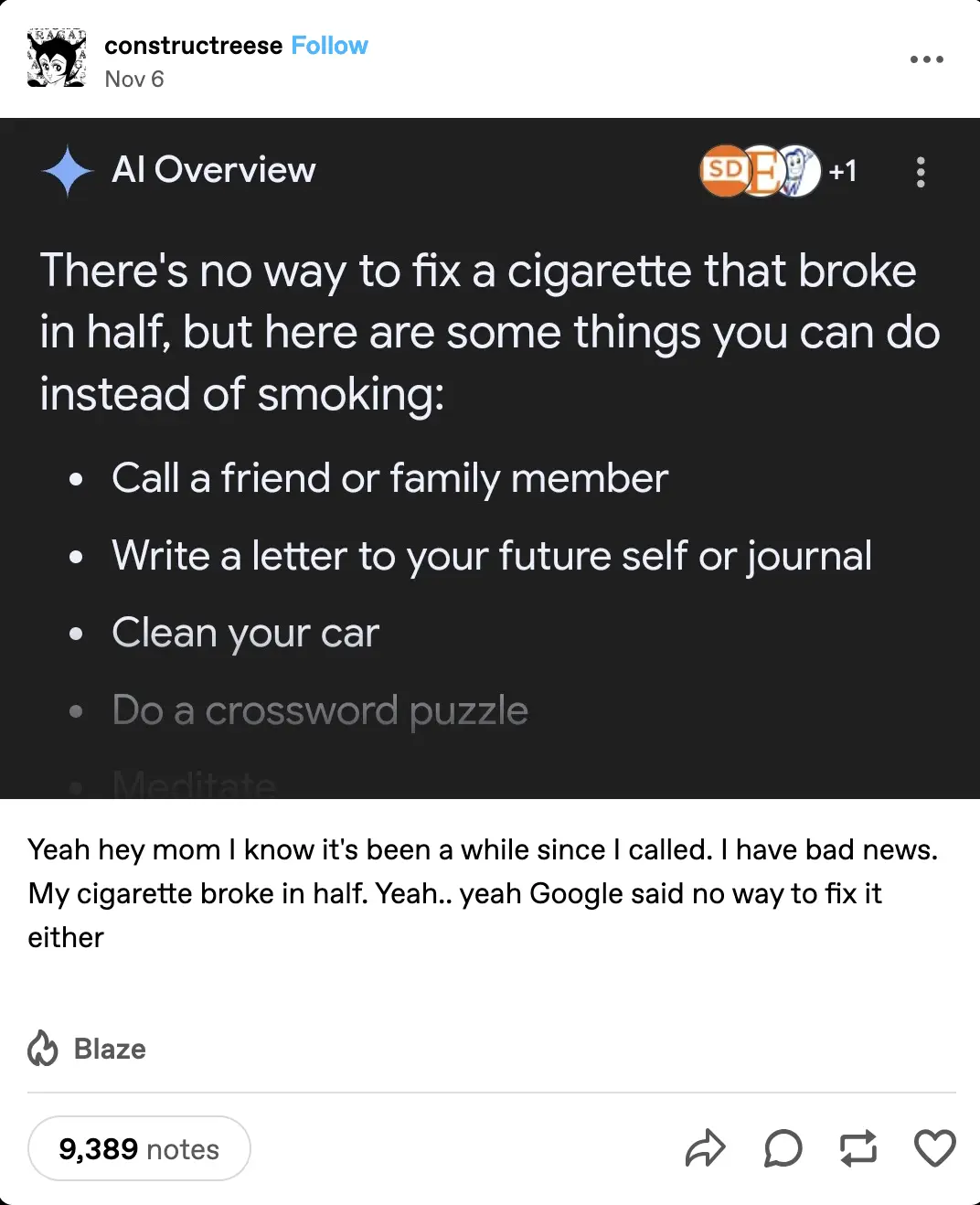 A screenshot of a social media post showing an AI-generated list titled 'There's no way to fix a cigarette that broke in…