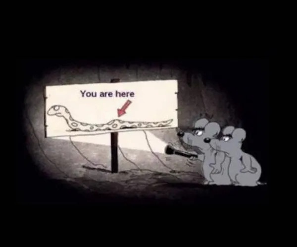 Two cartoon mice shine a flashlight on a sign in a dark tunnel that reads 'You are here' with a red arrow pointing to a…