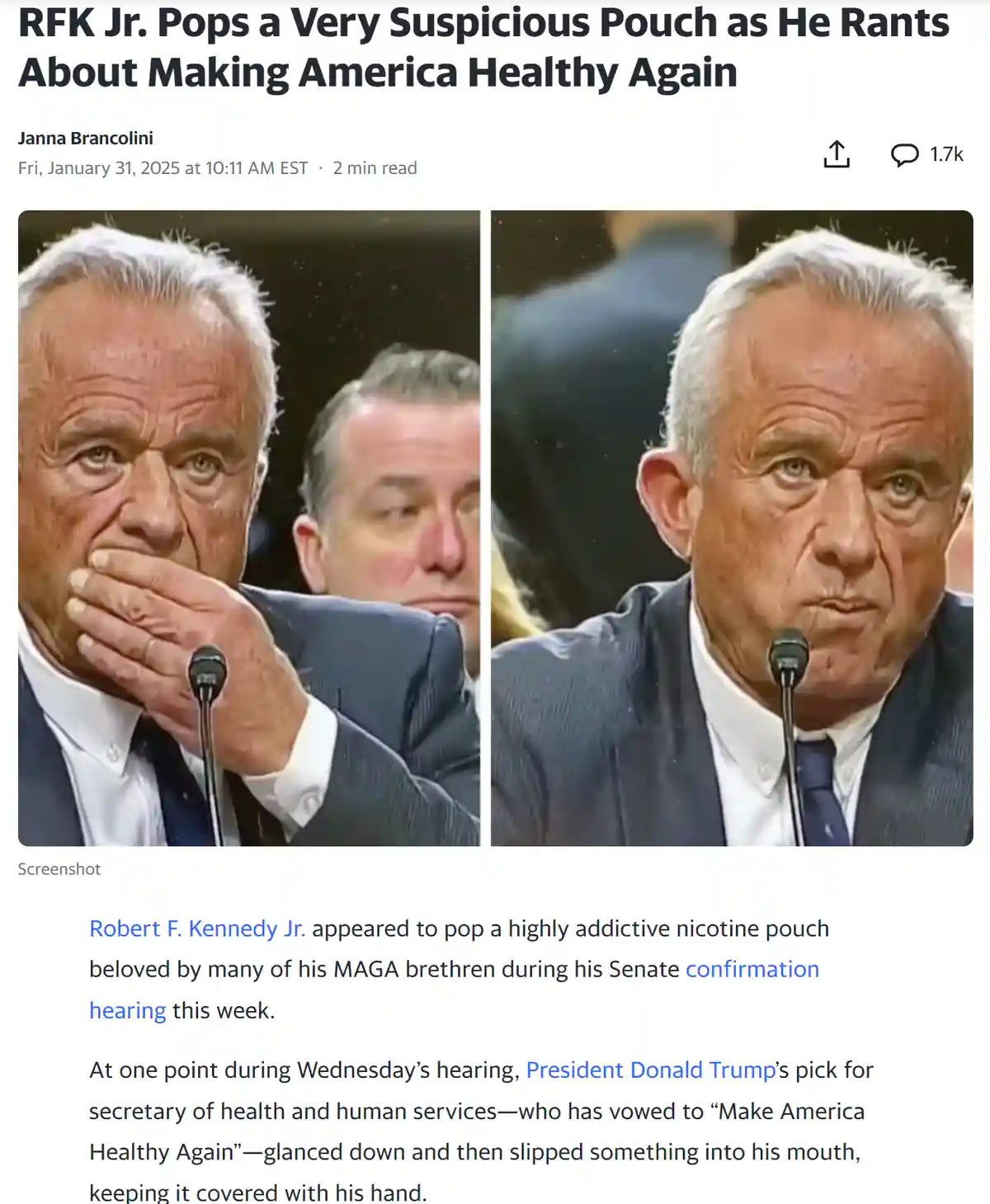 The image shows two side-by-side photos of Robert F. Kennedy Jr. during a Senate hearing. In the left photo, he covers his…
