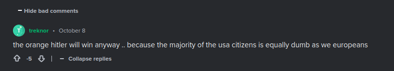 A screenshot of a Reddit comment by user 'treknor' from October 8, showing a downvoted post that reads: 'the orange hitter…