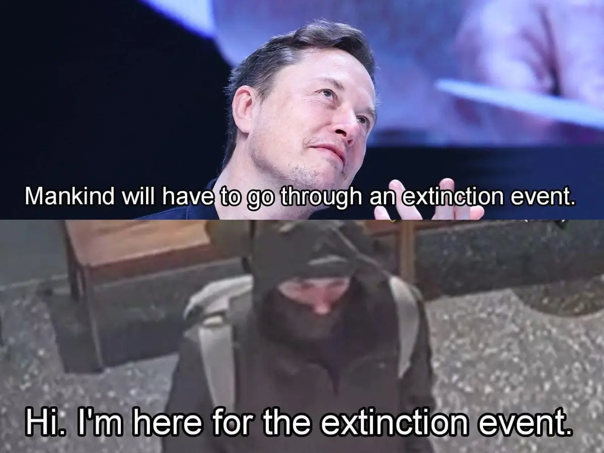 The top panel shows Elon Musk looking upward with a slight smirk while gesturing, overlaid with the text 'Mankind will have…