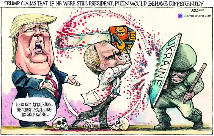 A political cartoon shows a caricature of Donald Trump gesturing while speaking, as a caricature of Vladimir Putin swings a…