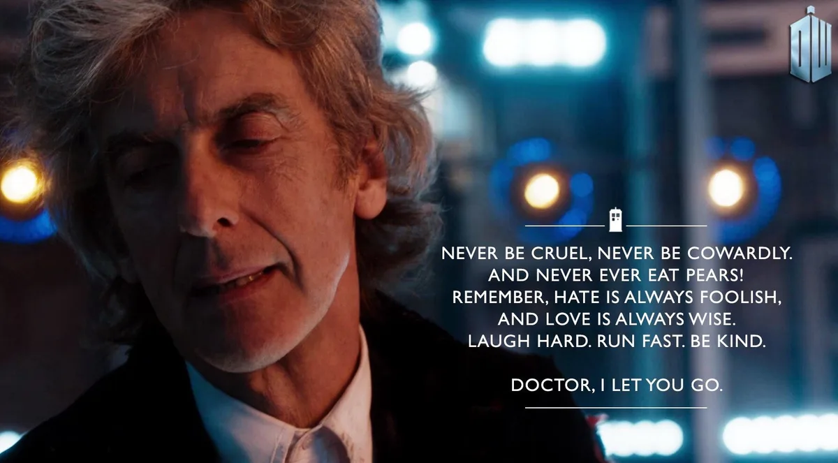 A close-up of actor Peter Capaldi as the Twelfth Doctor from Doctor Who, looking somber with eyes closed against a blurred…