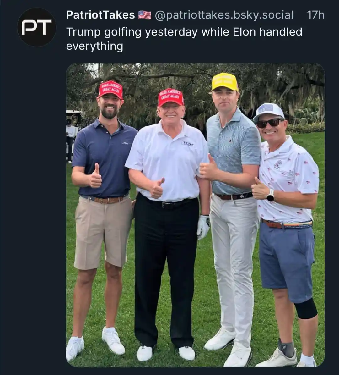 Four men in golf attire pose on a grassy course, all giving thumbs-up. The central figure wears a white polo with a 'TRUMP'…