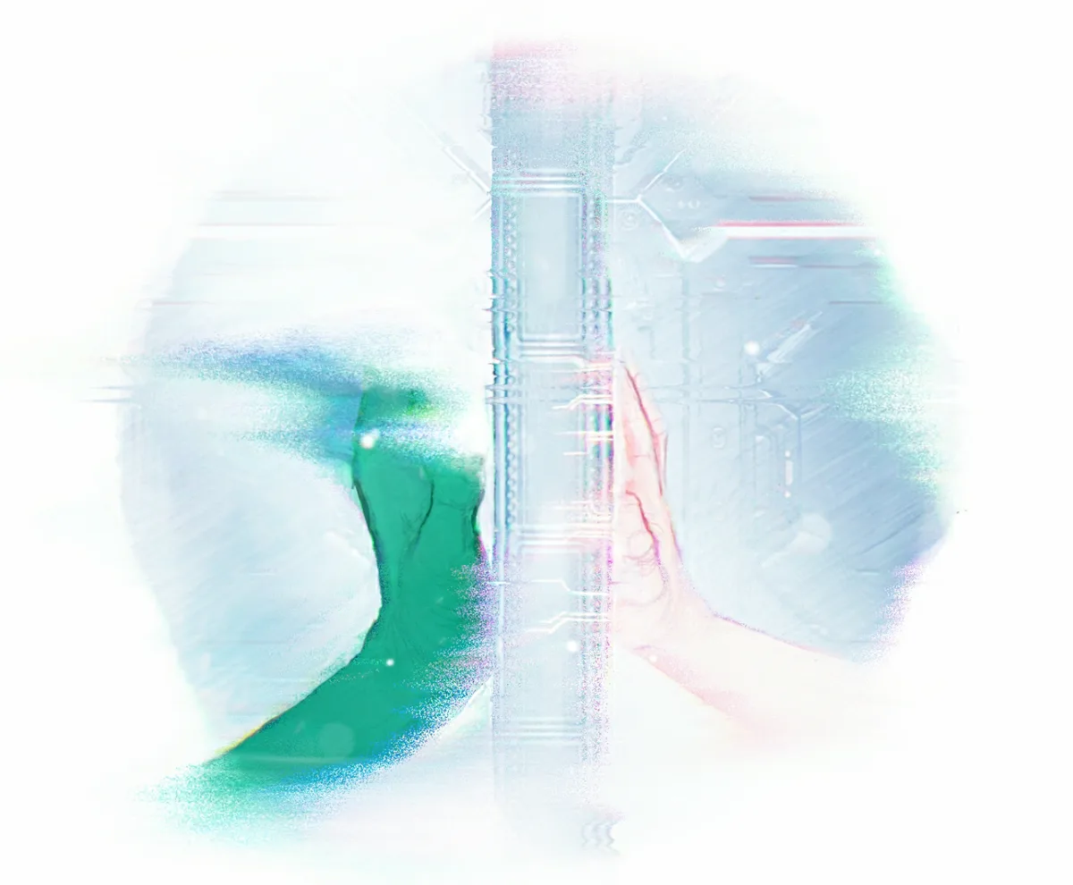 The image shows two hands pressed against a vertical, glitchy, digital-looking barrier. One side of the barrier is rendered…