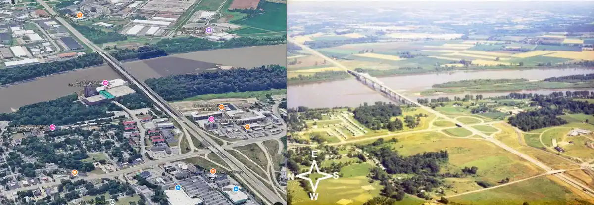 This side-by-side image compares a modern satellite view of St. Charles, MO, showing developed areas with hotels, casinos…