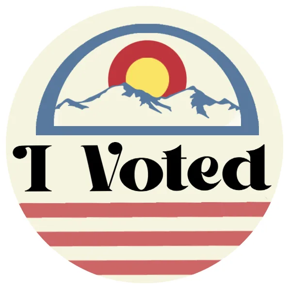 The image displays a stylized graphic resembling a Colorado state flag, featuring a red circle with a yellow sun over blue…